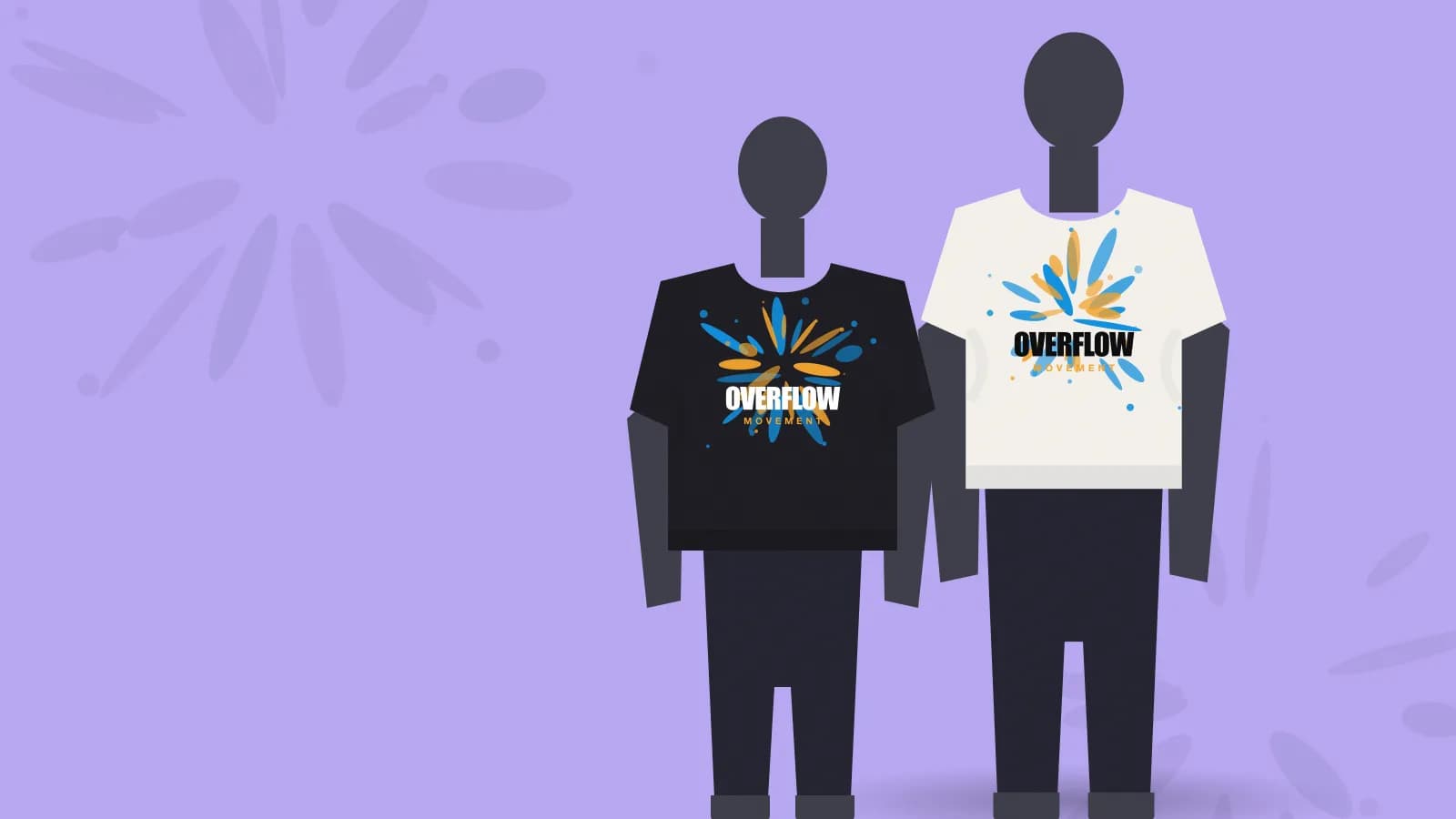Duas pessoas vestindo camisas Overflow, sobre fundo lilás